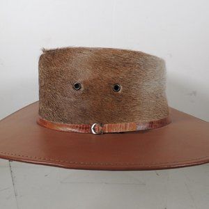 COLES Western Style Cowboy Hat Brown Leather Hair On Cowhide Size 7 1/8 (57 cm)